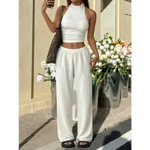 Knitted Women's Crop Top & Wide-Leg Pants Set, Sleeveless Halter Neck And Casual Outfit,Textured Fabric.