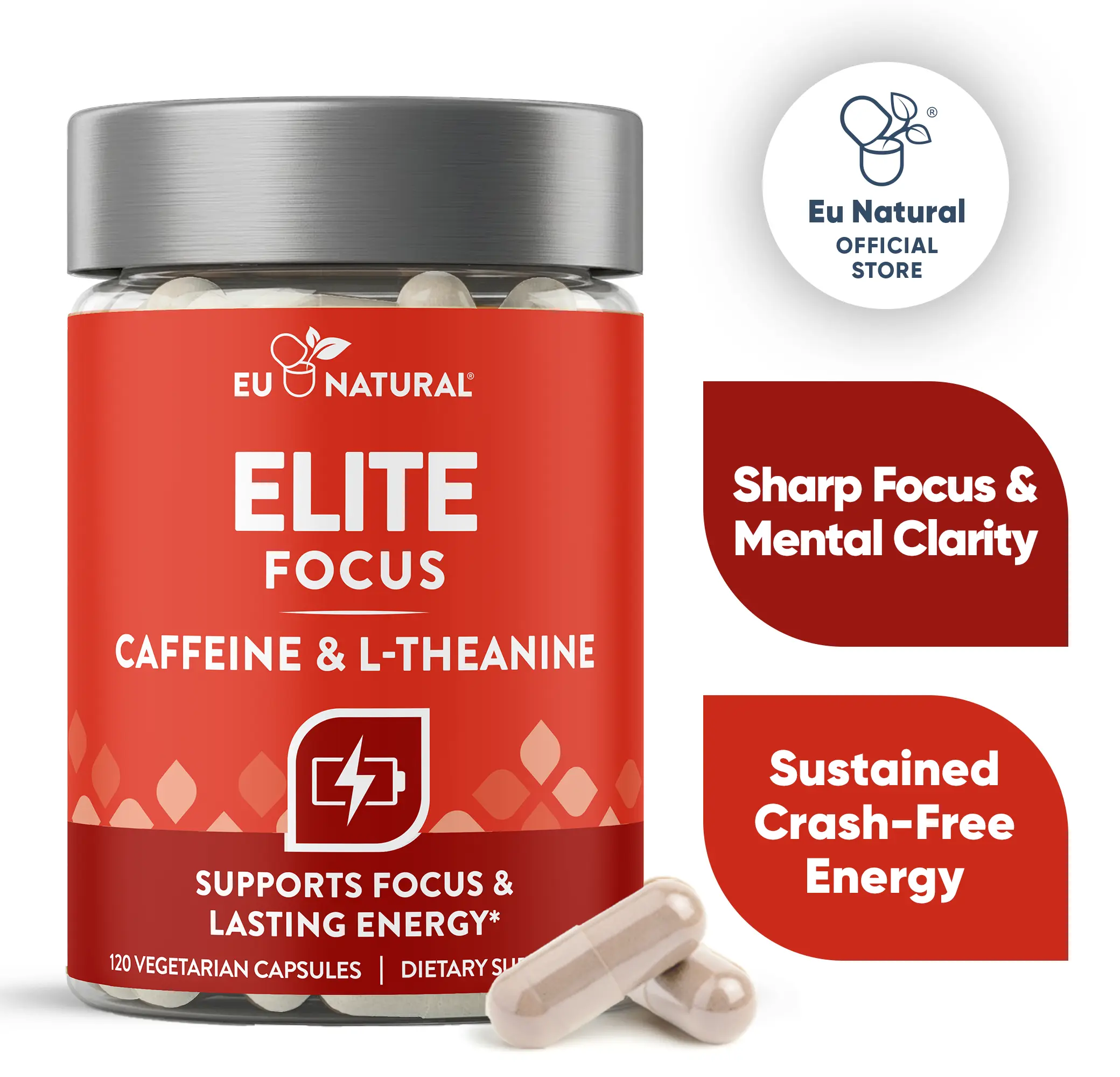 Eu Natural Elite Focus — Caffeine & L-Theanine - Optimal 2:1 Ratio - Clinically Researched Nootropic Blend for Clean Energy and Focus
