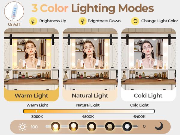 Valentine’s Gifts: Hasuit Farmhouse Vanity Desk with Mirror and Lights, White Makeup Dressing Table with Charging Station, Rustic Vanity Mirror with Sliding Barn Door, Vanity Table with 3 Adjustable Lighting Modes