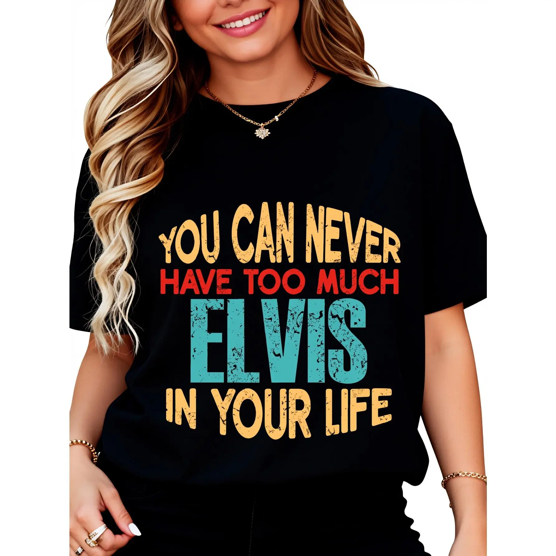 Women's Elvis Crewneck T-Shirt - Pure Cotton, Regular Fit Shirts, Standard Cut, Machine Washable Unisex Cotton Top, Crewneck For Women, Vivid Print, Casual, Lady, Round Neck