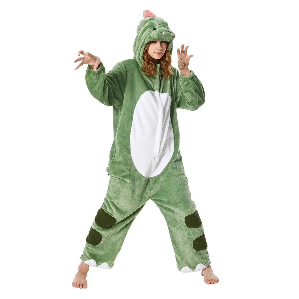 OLAOLA Cartoon Green Dinosaur Flannel Animals Onesie Adult Loungewear Homewear Pajamas Unisex Long Sleeve Pjs One-Piece Sleepwear Halloween Christmas Costume