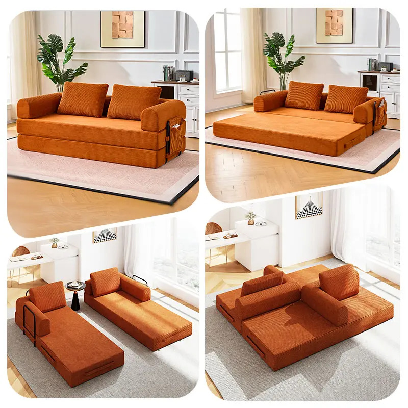 79-inch Oversized Armless Sofa with 2 Throw Pillows, 5-in-1 Convertible Sleeper Sofa, Deep Seat Design, Corduroy Foldable Modular Floor Pull-Out Sofa for Living Room, No Assembly Required