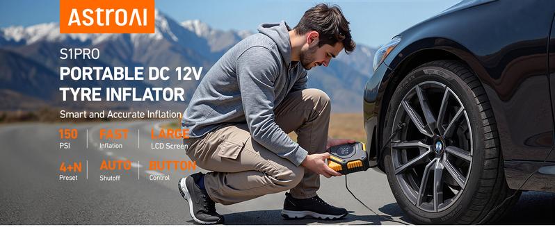 AstroAI Car Tyre Inflator Air Compressor 12V DC, 150 PSI Digital Tyre Pump with Pressure Gauge, Large LCD Display, Smart Preset & Auto Stop, for Car, Motorcycle, Bike Tyres AstroAI Car Tyre Inflator Air Compressor 12V DC, 150 PSI Digital Tyre Pump with Pressure Gauge, Large LCD Display, Smart Preset & Auto Stop, for Car, Motorcycle, Bike Tyres