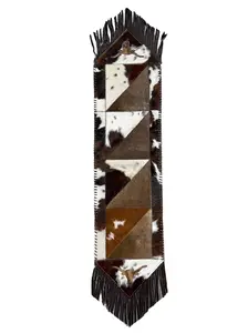 Cowhide Hair-On Table Runner Tricolor | Patchwork Fringe Design with Longhorn