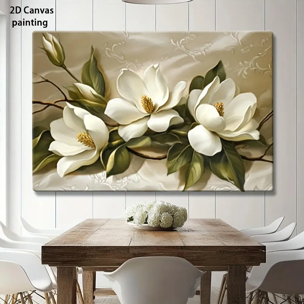 2D Flat, Alabama White Sweet Magnolia Flowers on Silk Canvas Wall Art - Vintage American Art Deco Floral Painting with Pine Wood Frame, Summer Autumn Seasonal Decor for Living Room, Bedroom, Bathroom, Kitchen & Home Office, 2D Flat	