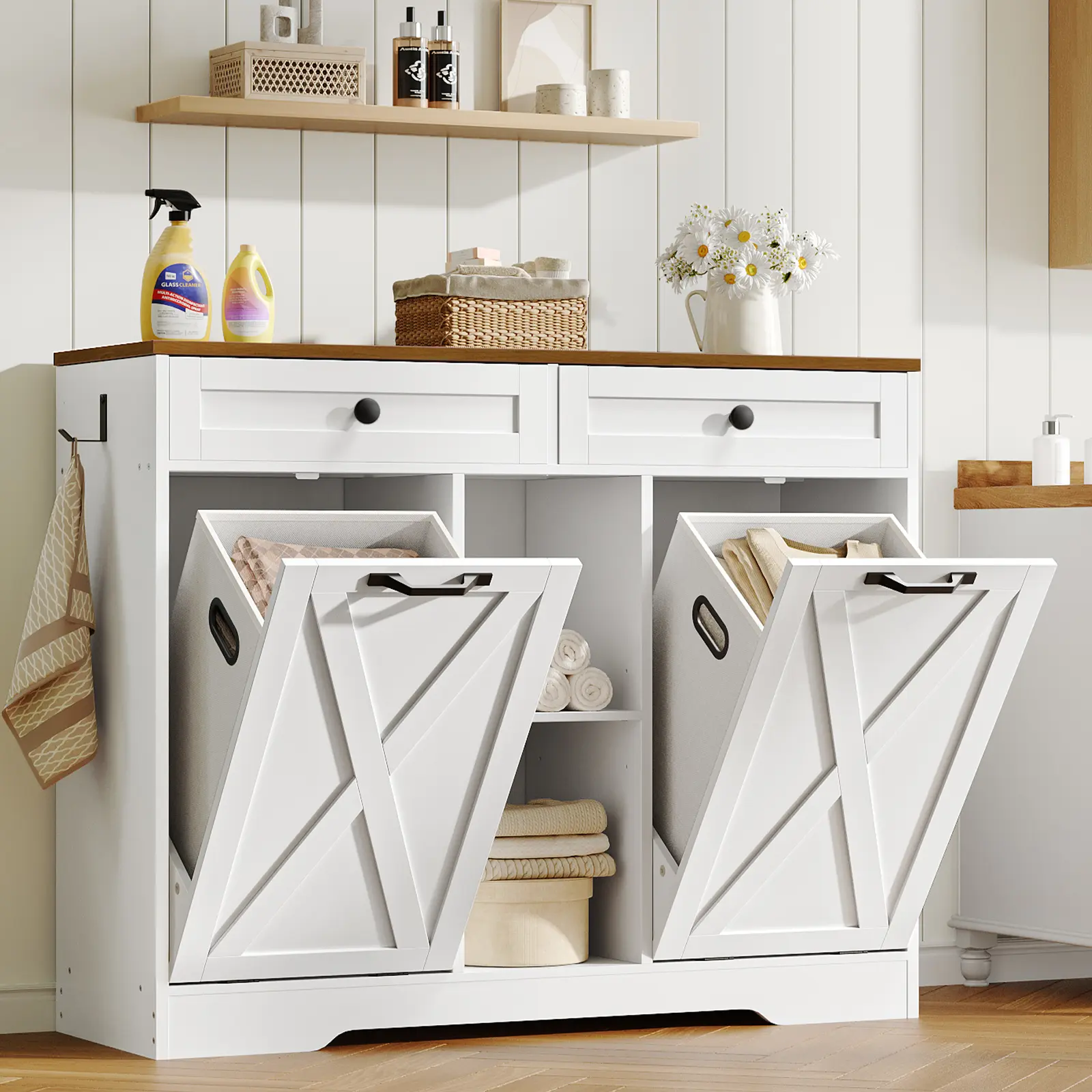 HOOBRO Wooden Tiltable Trash Can Cabinet - Farmhouse Storage Furniture with 2 Drawers, Open Shelving, 23-Gal Double Laundry Hamper, Hidden Trash Solution, White & Walnut Home Decor for Kitchen, Bathroom, Trash Cans For Kitchen #SummerVibes