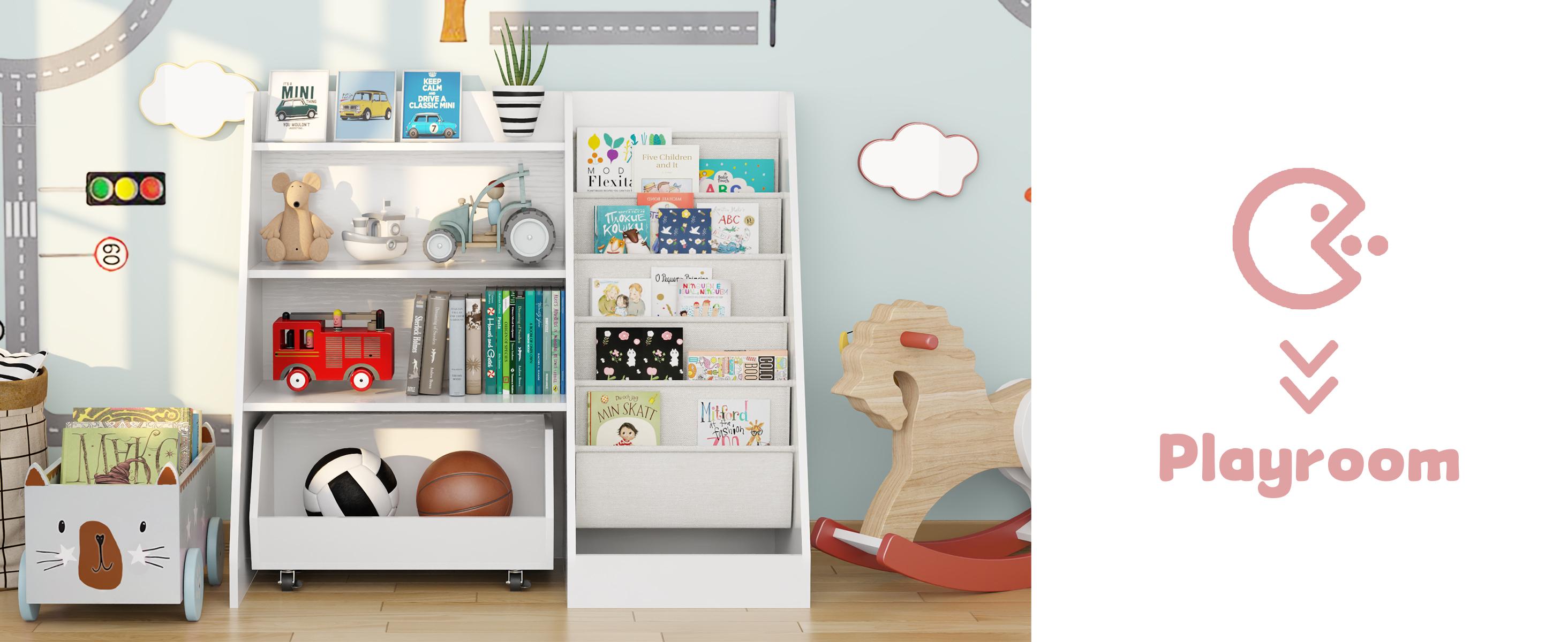 4-Tier Rolling Toy Storage Cabinet for Kids, 5 Layer Sling Toddler kids furniture,Baby Furniture Book Rack,Book and Toy Organizer Cabinet  with Wheels , White.