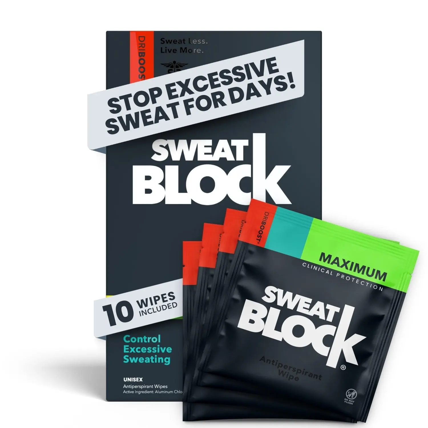 Sweatblock Clinical Strength Antiperspirant Wipes for Hyperhidrosis, 7-Day Sweat Protection, Excessive Underarm Sweating Treatment, Prescription Strength Sweat Blocker for Men & Women, Travel Size Sweat Pads