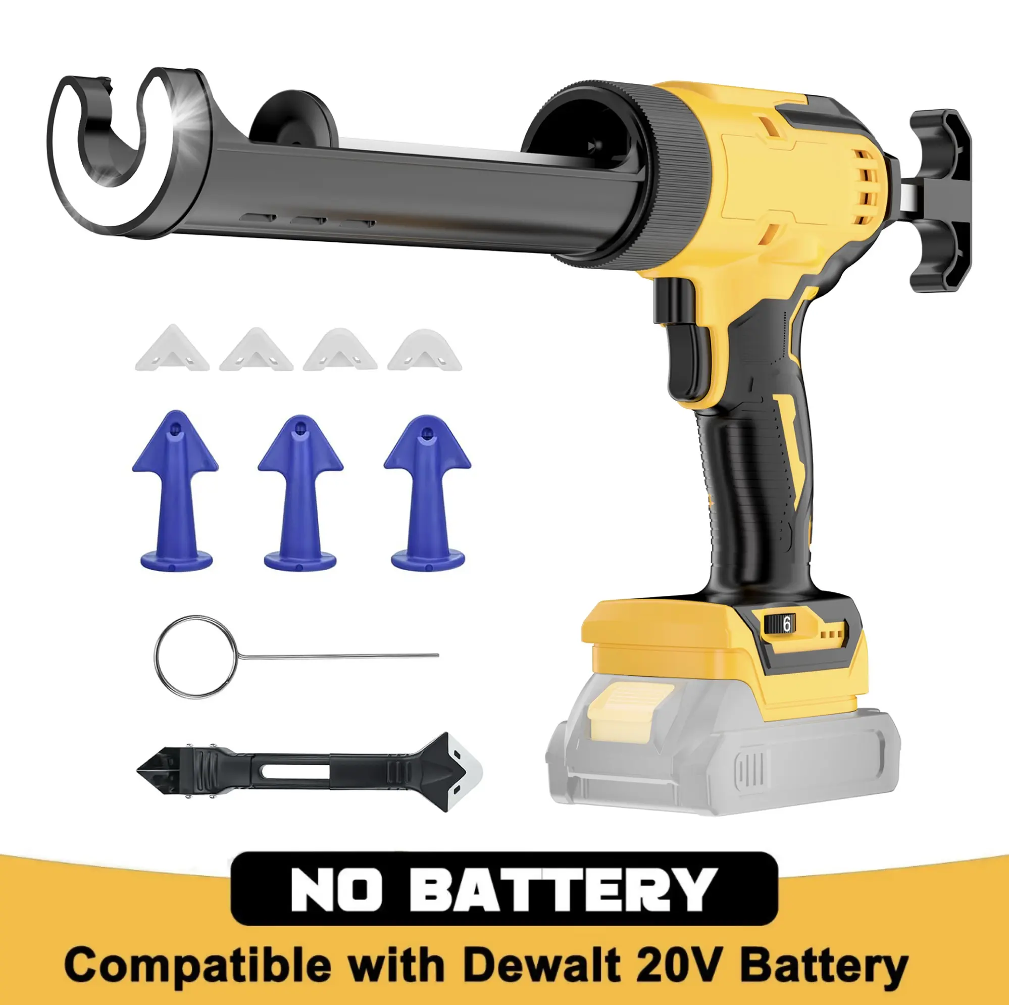 FunnyWhale Heavy Duty Cordless Caulking Gun Hardware Tool - DeWalt 20V Max Battery Compatible (No Battery), 10 Oz Electric Model with Anti-Drip System, Auto-Retract for Cleaner Use, Built-In LED Light Guides Tight Work, 6 Speeds for Glue Filling, Sealing,