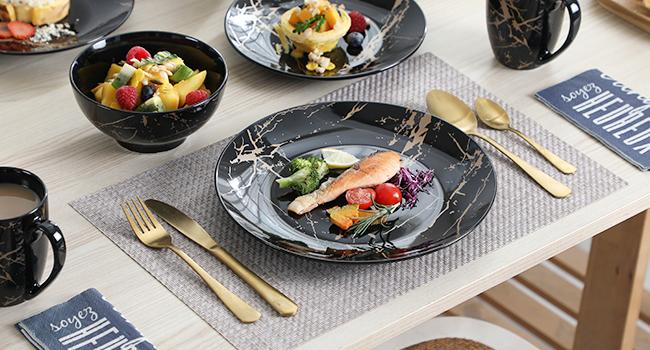 Plates and Bowls Sets for 4, Black Dinnerware Sets 16 Piece Gold Splash Glaze Round Dish Set, LOVECASA Porcelain Plate Set with Mugs Dishwasher Microwave Safe