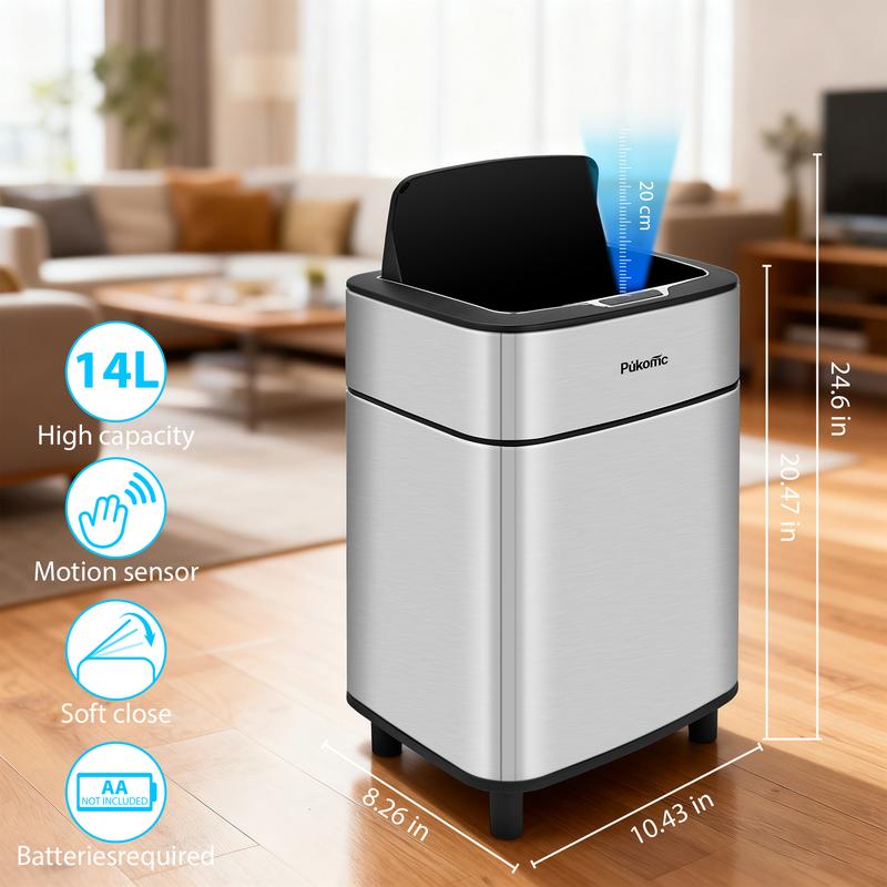 PUKOMC Sleek stainless steel sensor bin. 2.7-gallon rectangular, space-saving design for kitchen, bathroom, or office. Hands-free automatic operation.