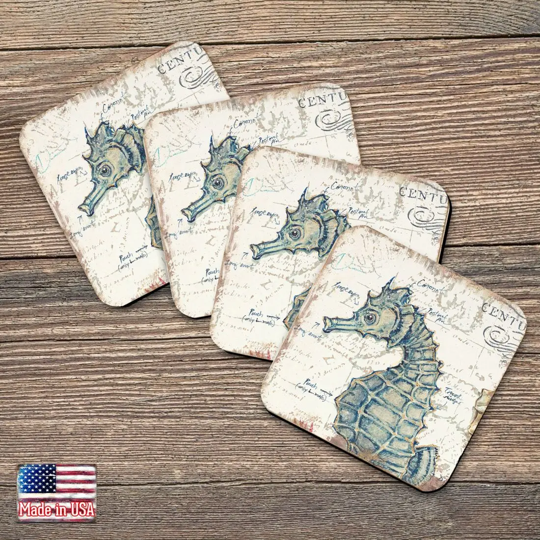 Nature Wonders 8198621C-S4 4 x 4 in. Seahorse Coastal Wooden Cork Coasters Gift - Set of 4