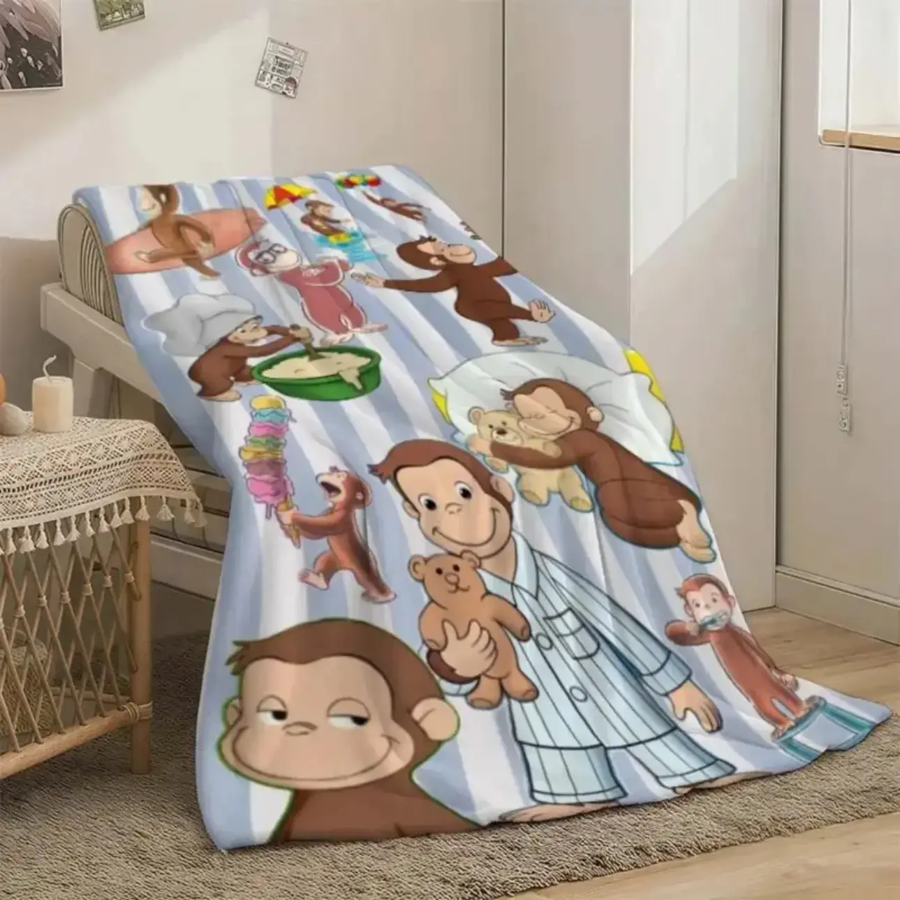 Classic Curious George Cartoon Character Throw Blanket - Breathable, Soft Cozy All-Seasons Bedding for Children, Kids Bedroom Decor, Couch Sofa Birthday Gift, Wrinkle Resistant