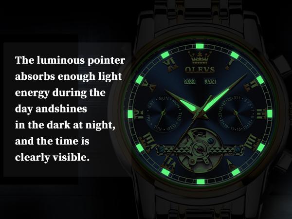 OLEVS G6607 Men's Self Winding Automatic Mechanical Tourbillon Watch Stainless Steel Luminous Waterproof Luxury Dress Wristwatch with Bracelet and Gift Box