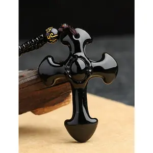 1 Piece Obsidian Necklace Cross Lucky Amulet Protection Pendant, with Bead Chain Black Synthetic Gemstone Amulet Jewelry Gift, Enery Necklace Perfect for Daily Wear and Special Ocasions, Great Gift for Birthdays and Anniversaries, Gothic Witch Jewelry