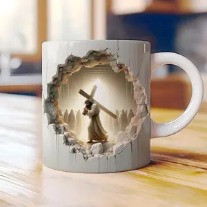 [Sale up to 30%] + [FREE SHIP] Jesus and Cross Hole Wall Cracked Ceramic Mug Wrap, Coffee Tea Hot Cold Drink Cup, Stylish Gift Idea Drinkware Decor