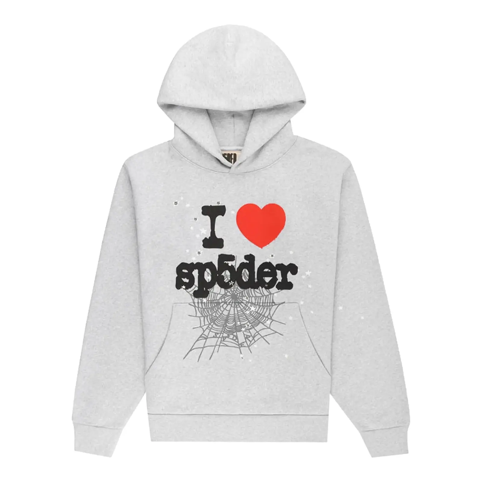 Sp5der Authentic Long Sleeve Unisex Spider Hoodie - Heather Grey, Spider Web Heart Casual Pullover, Ready-to-Ship Menswear Sweatshirt, Spider Hoodies