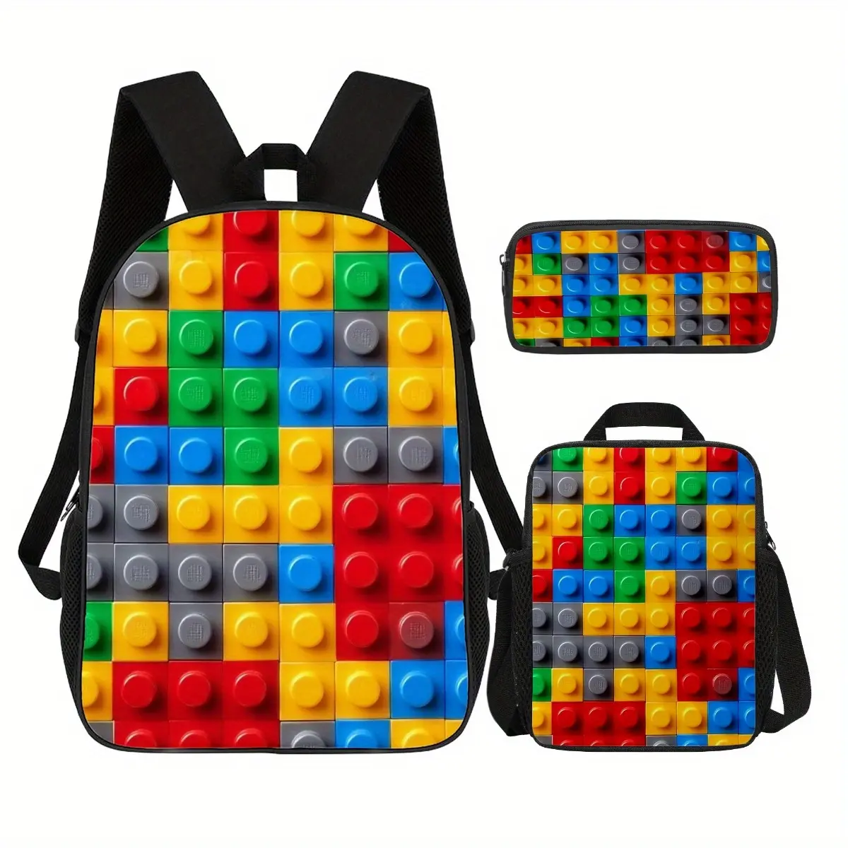 Kids 3Pcs Building Blocks Backpack Set, Durable 600D Oxford School Bag fits 15in Laptop, with Insulated Lunchbox & Pencil Case, Top Handle for First Day of School, Back To School Haul, Adjustable