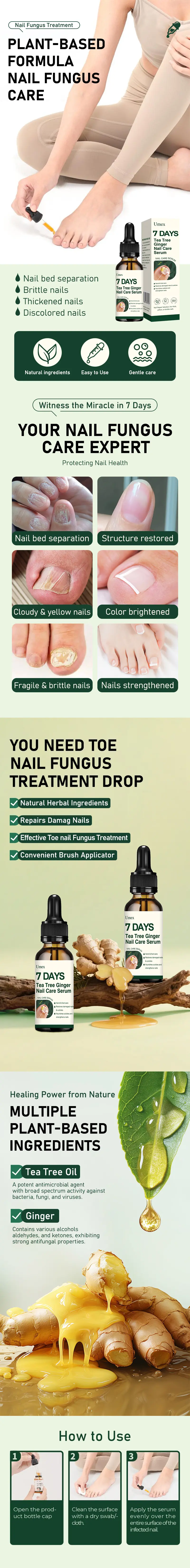 Umex Lightweight Nail Strengthening & Repair Serum - 30ml Plant-Based Solution with Extra Strength Tea Tree Oil & Ginger, 3-Action Formula for Rough, Thick, Uneven Nails, Daily Gentle Care for Fingers/Toenails