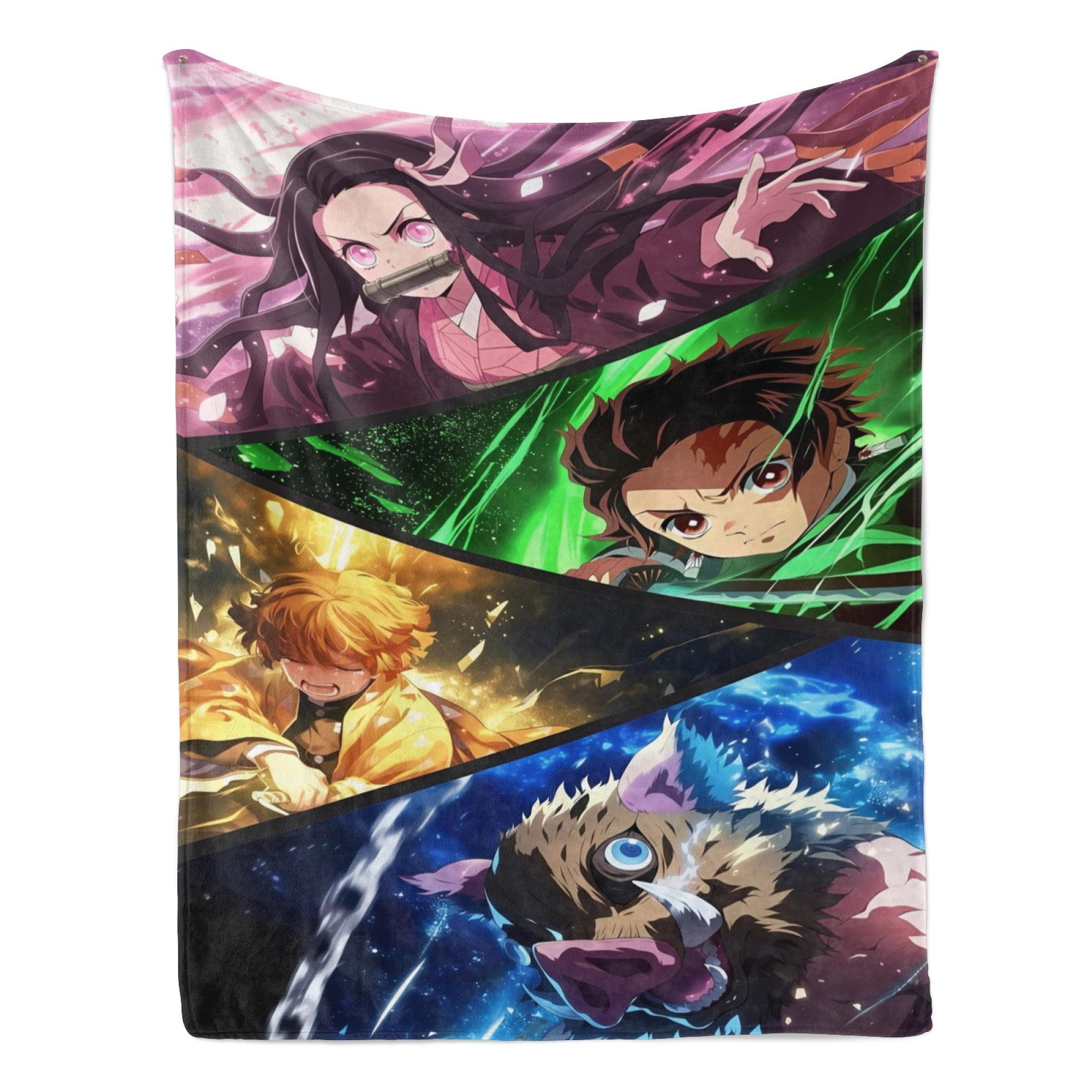 Demon Slayer Anime Flannel Blanket Featuring Nezuko Tanjiro Zenitsu and Inosuke Ultra Soft Cozy Throw for Bedroom Decor Manga Fans Gift Idea for Demon Slayer Enthusiasts
