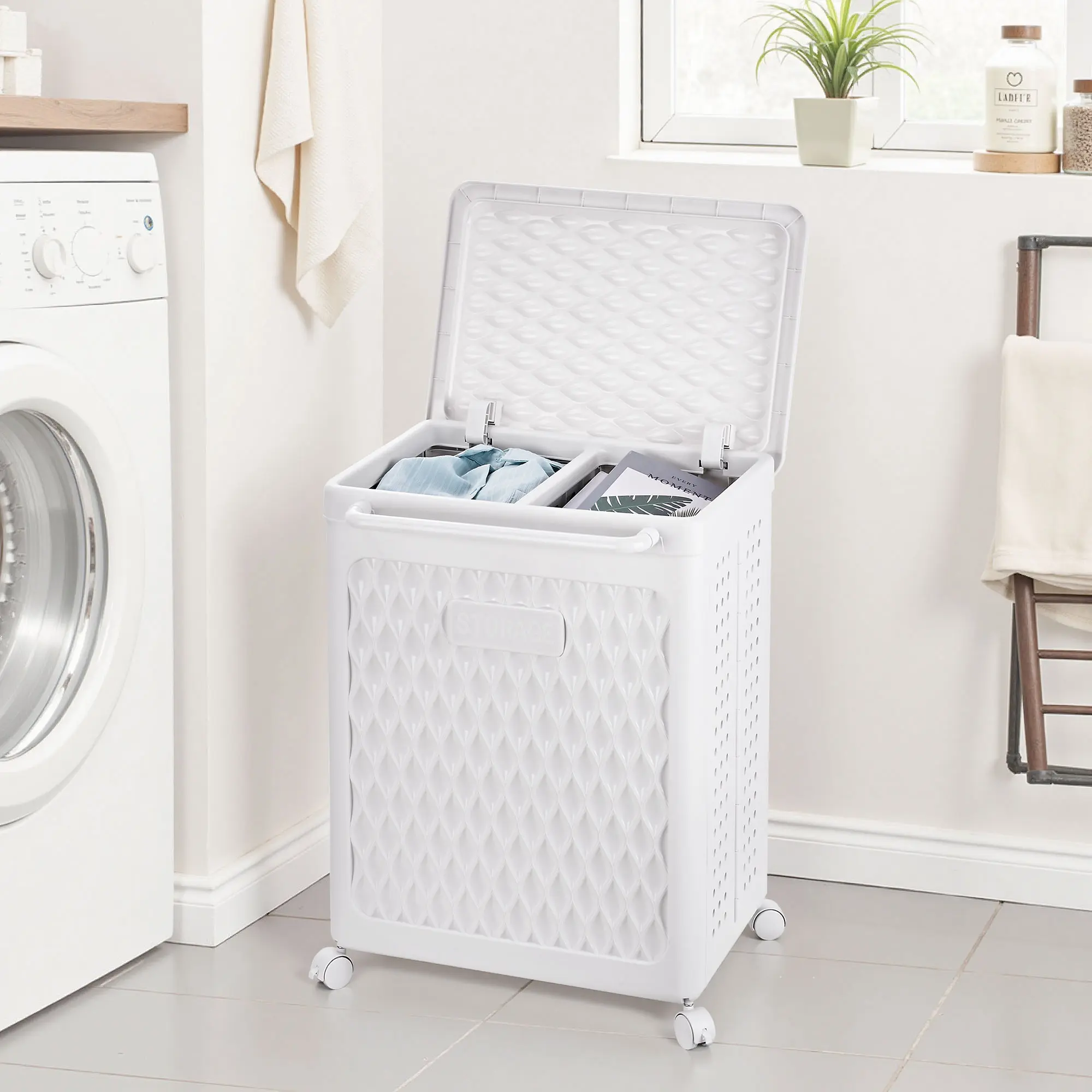 VECELO 2-Section Rolling Laundry Hamper With Lid And Handle Dividers Plastic Laundry Organizer Wheeled Basket For Bathroom, Bedroom, Laundry Room