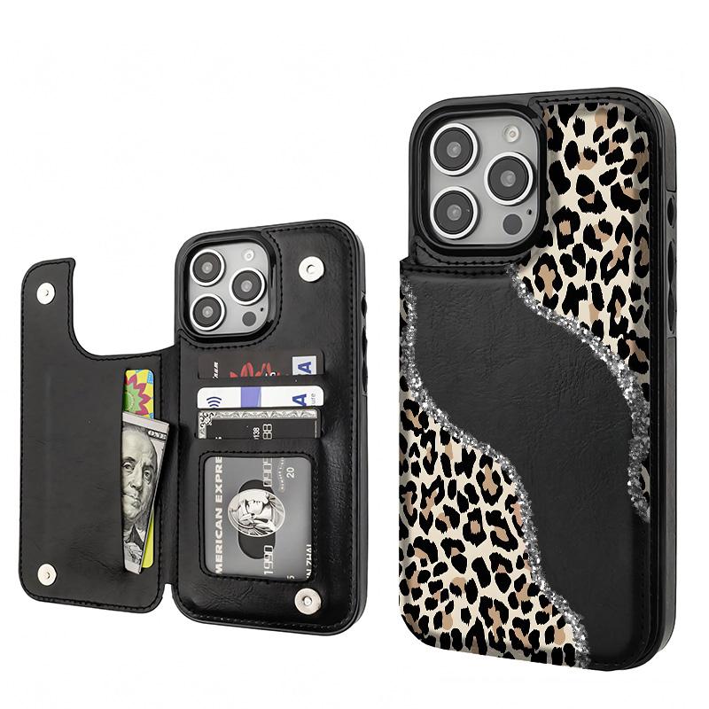 Stylish Leopard print Pattern Phone Cases Compatible For With iphone 17 16 15 14 13 12 PRO PLUS MAX AIR PU Black Brown Pink Durable Flip High quality Leather Credit Card Bag Holder Mother Gift Wallet Shockproof Anti-Drop Full Protection Shell Cover