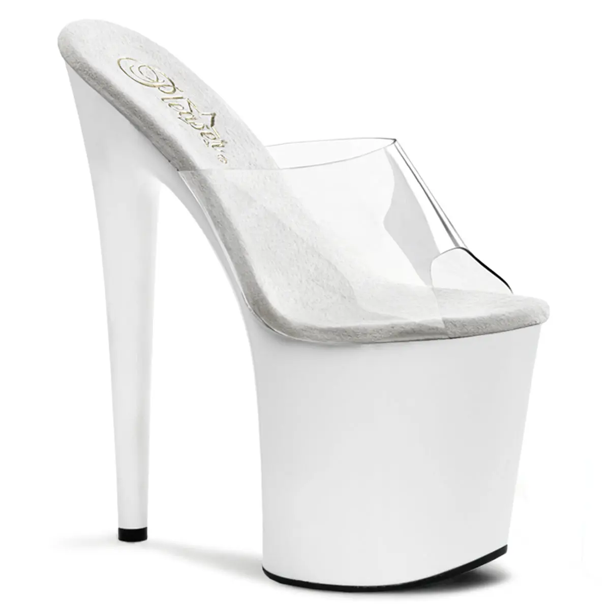 Pleaser Flamingo-801 Women's Elegant 8" High Heel Platform Slides with a Transparent Strap and 4" White Base, White Sole Platform, Elegant Open Toe, Heeled, Classy, Footwear, Slip On, Clear/White
