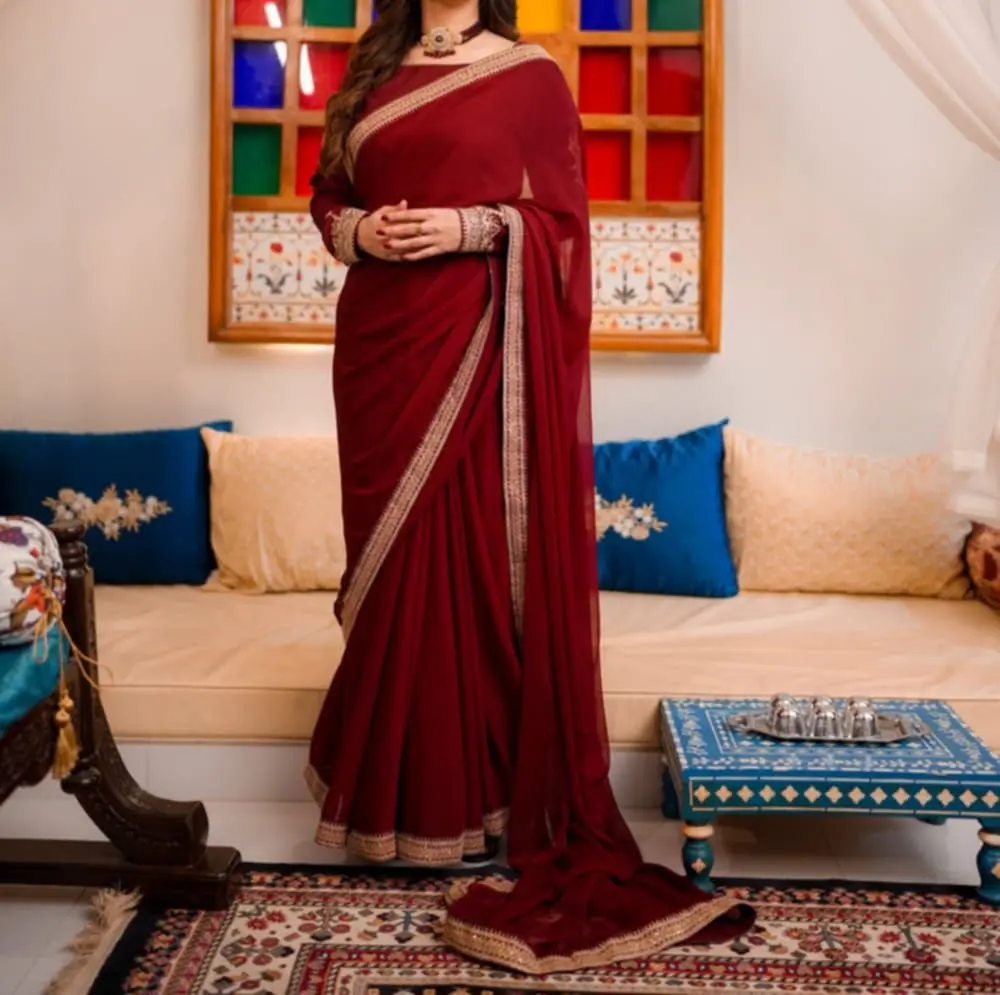 Women's 2-Piece Elegant Embroidered Chiffon Saree Set - Lightweight Ready-to-Wear Costume, Maroon with Zari Work & Border, Raw Silk Boat Neck Blouse with Loop Buttons Back, No Draping Hassle, Versatile for Party, Wedding, Elegance