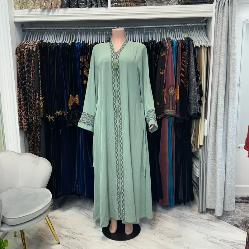 Mint Green Embroidered Rhinestoned Abaya Maxi Long Sleeve Women's Fashionable Dress with Intricate Details