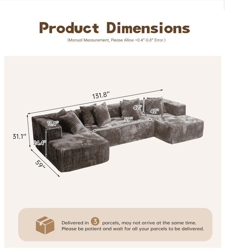 【3 Packages shipping】132"U-Shape Modular Sectional CouchSofa Compressed Corduroy Modern Sleeper Sofafor Living Room,Space-Efficient Modular FloorSofa with Soft Velvet Fabric and Deep SeatSofaConvertible Corduroy Sectional Couch bed plus