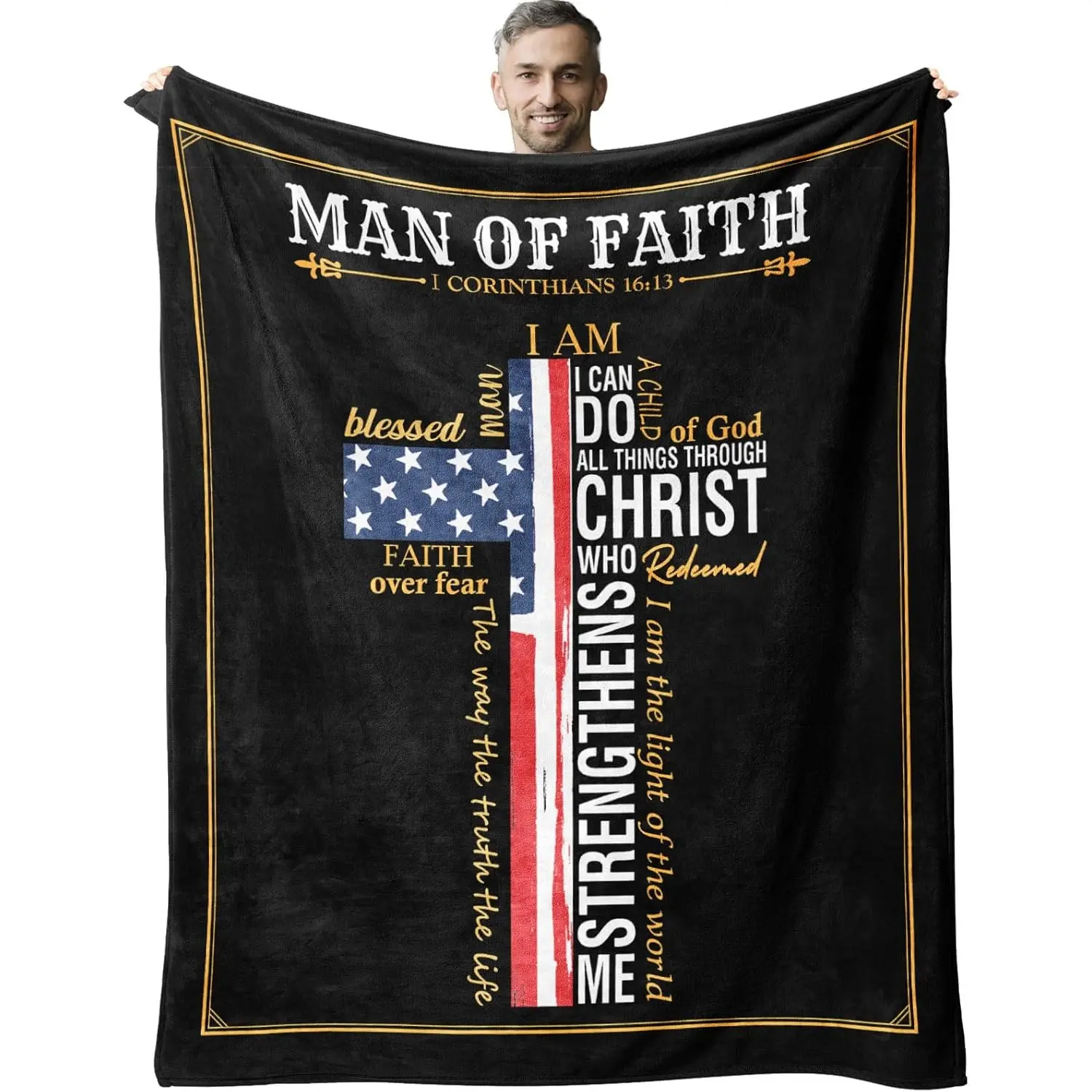 Christian Man of Faith Flannel Slogan Blanket - Bible Verse, Patriotic Motif, American Flag, Cross Detail Prints, Soft Cozy Warm Plush Throw, I Can Do All Things Through Christ, Father's Day Gift for Christian Men, Bedroom Decor, Patriotic Motif Blankets