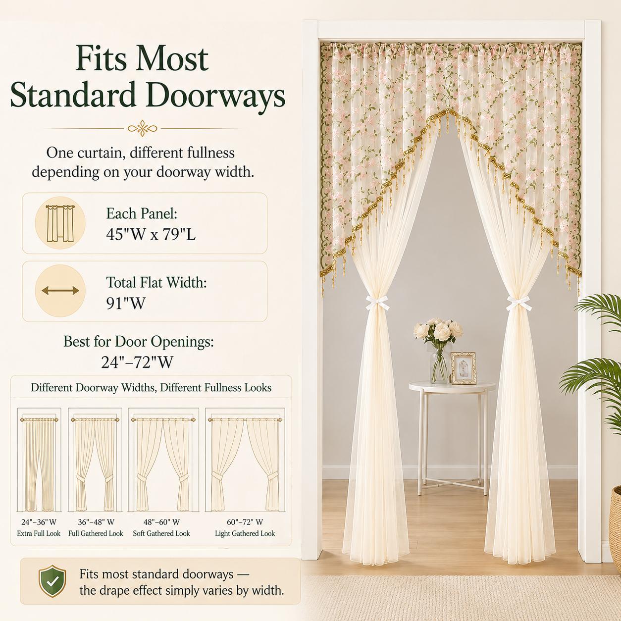 Sheer Floral Doorway Curtain, Elegant Lace Door Curtain with Tassel Trim, Privacy Room Divider for Bedroom, Closet, Kitchen & Apartment