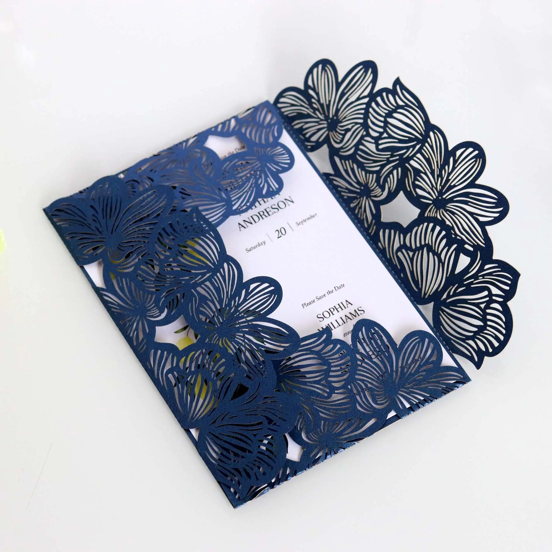 20pcs Deep Blue Laser Paper Envelope Wedding Invitation Set - 17.5x12cm Hollow Cutout Greeting Card, Set Includes Cover+Insert+Envelope, Wholesale Direct from Manufacturer, 17.5 * 12 Cm