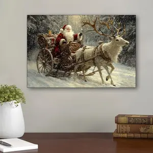 Santa Claus Wooden Frame Canvas Painting Winter Scene Wall Art with Reindeer Bells Christmas Tree Socks Waterproof Holiday Gift Decor 8"x8" to 24"x36" Easy to Hang Artistic Gift Choice