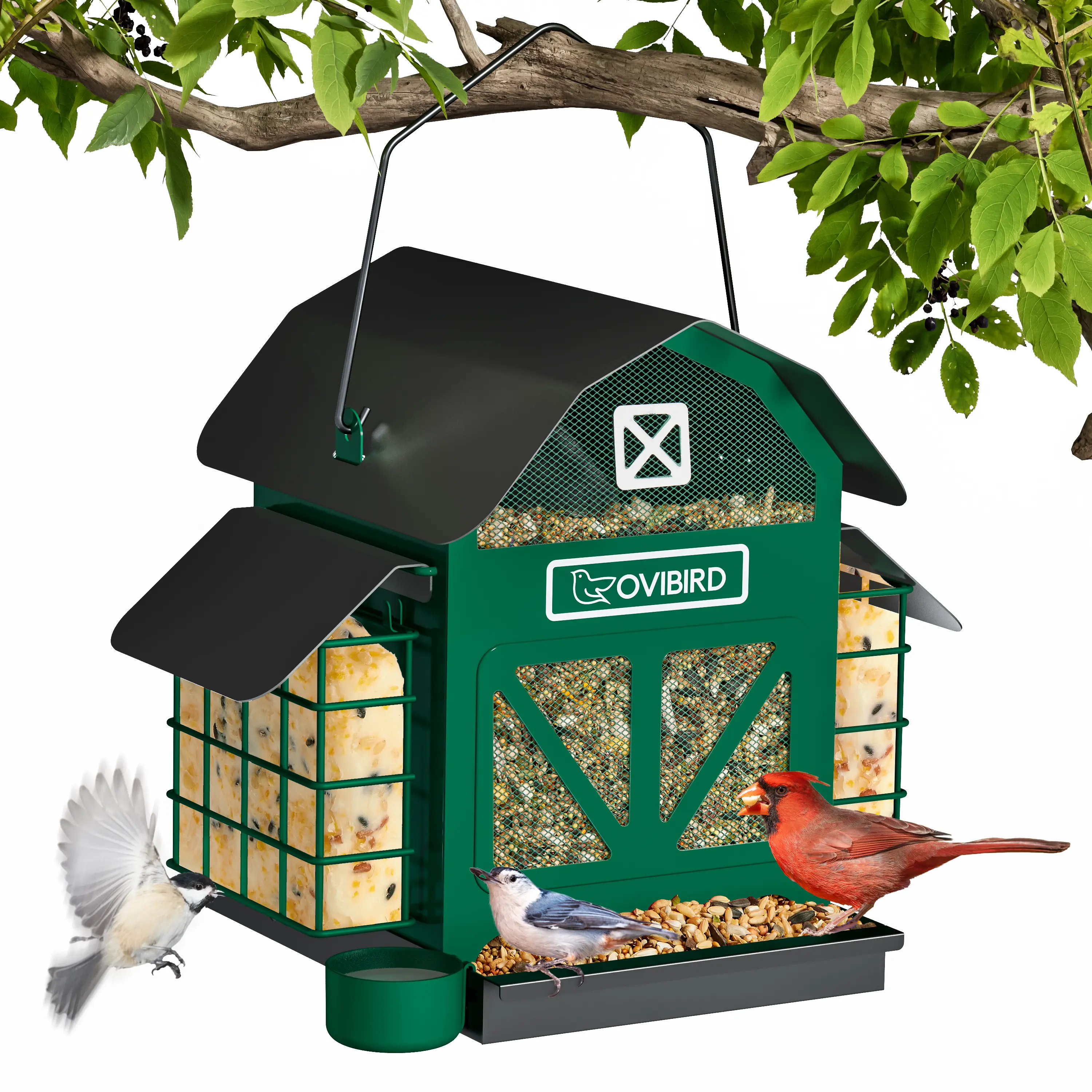 Outdoor Hanging Metal Bird Feeder 5LBS Green Barn with 2 Suet Cages - Weather Resistant Cardinal Feeder, Perfect Bird Watching Gift tiktokshopspringglowup
