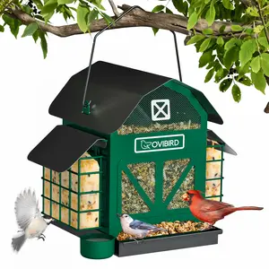 Outdoor Hanging Metal Bird Feeder 5LBS Green Barn with 2 Suet Cages - Weather Resistant Cardinal Feeder, Perfect Bird Watching Gift
