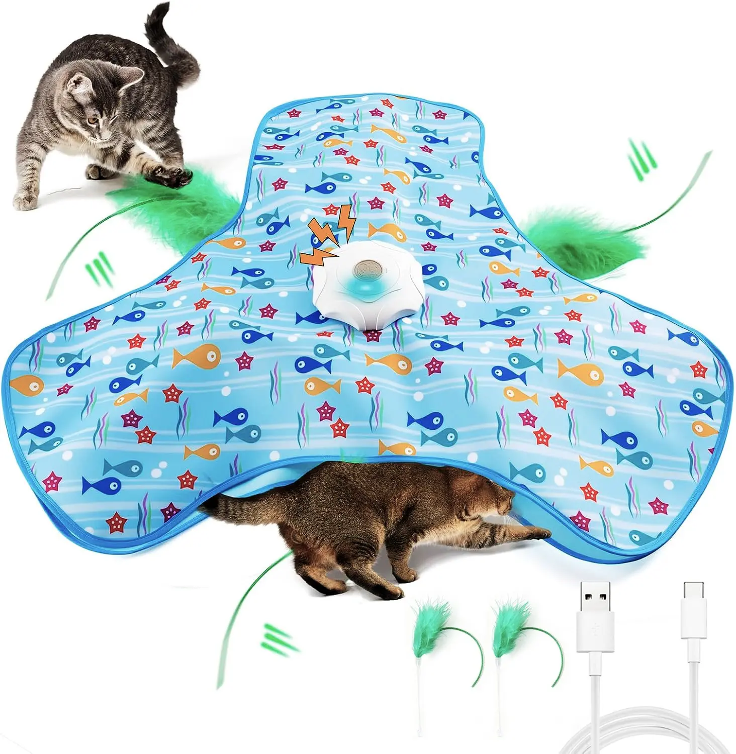 Hide and Seek Cat Toys with 2 Teasing Sticks, Interactive Moving Feathers Real Mouse Squeaky Touch Activated Exercise Rechargeable Toys for Indoor Cats