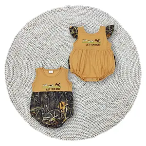 Little Baby Girls Flutter Sleeve Camouflage Tree Leaves Let'em Run Hunting Embroidery Cute Bodysuits Soft Stretchy Bubble Rompers Matching Sibling Boys