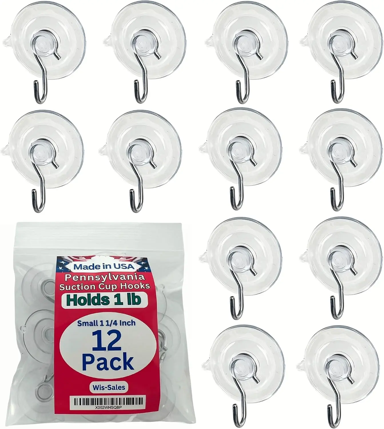 12 Pak Small 1 ¼ -inch (Made in Pennsylvania) Heavy Duty Suction Cup Hooks for Glass Windows. Signs Holiday Ornaments Suncatchers-(Holds 1 Pound)