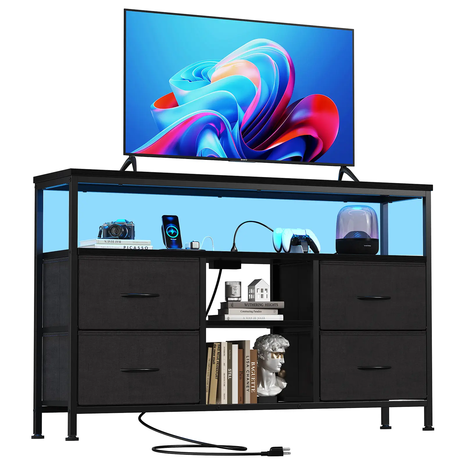 TV Stand Dresser for Bedroom 4 Drawers Entertainment Center with LED Lights and Power Outlets Media Console for 50 Inch TV Living Room Furniture with Open Shelf Adjustable Feet