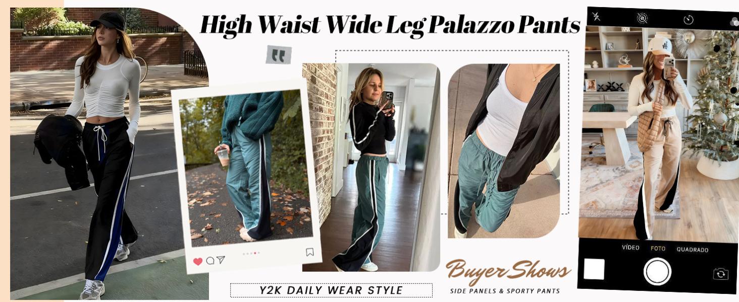 YeeZaa Stripe Track Pants for Women Retro Athletic Wide Leg Pants High Rise Drawstring Waist Color Block Street to Gym Versatile Styling TikTok Viral Fashion All Season Everyday Streetwear