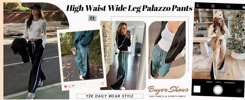 YeeZaa Stripe Track Pants for Women Retro Athletic Wide Leg Pants High Rise Drawstring Waist Color Block Street to Gym Versatile Styling TikTok Viral Fashion All Season Everyday Streetwear