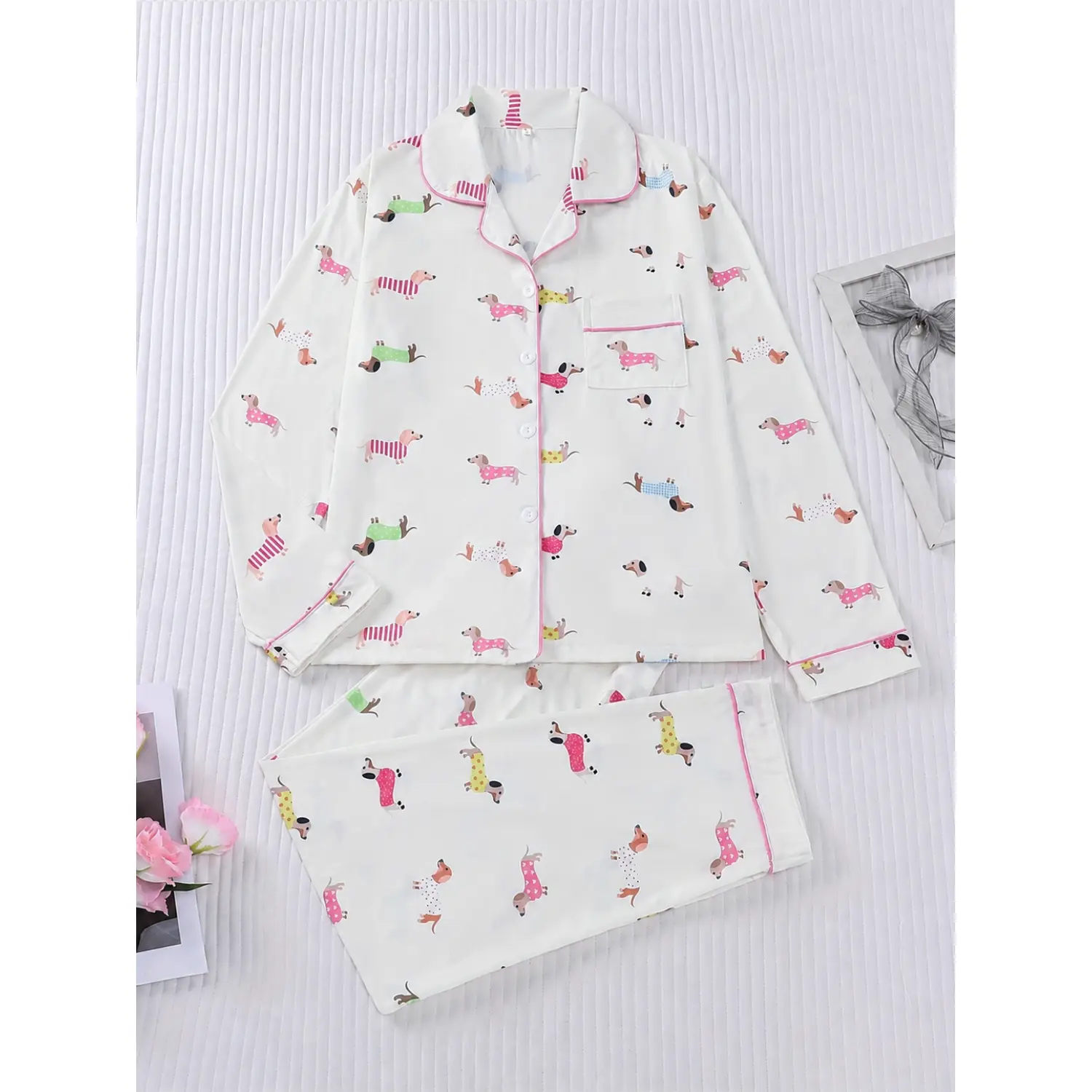 2pcs Women's Cute Puppy Pajama Set - Collar -Front Pajamasuit with Elastic Wide-Leg Pants, Cozy All-Season Sleepwear for s, Matching Pajamas (Matching Set)