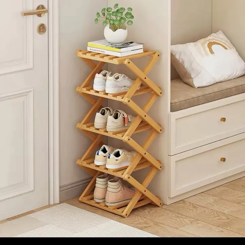 Bamboo Folding Shoe Rack, Space-Saving Wooden Shoe Organizer with Stable Construction for Entryway Corners