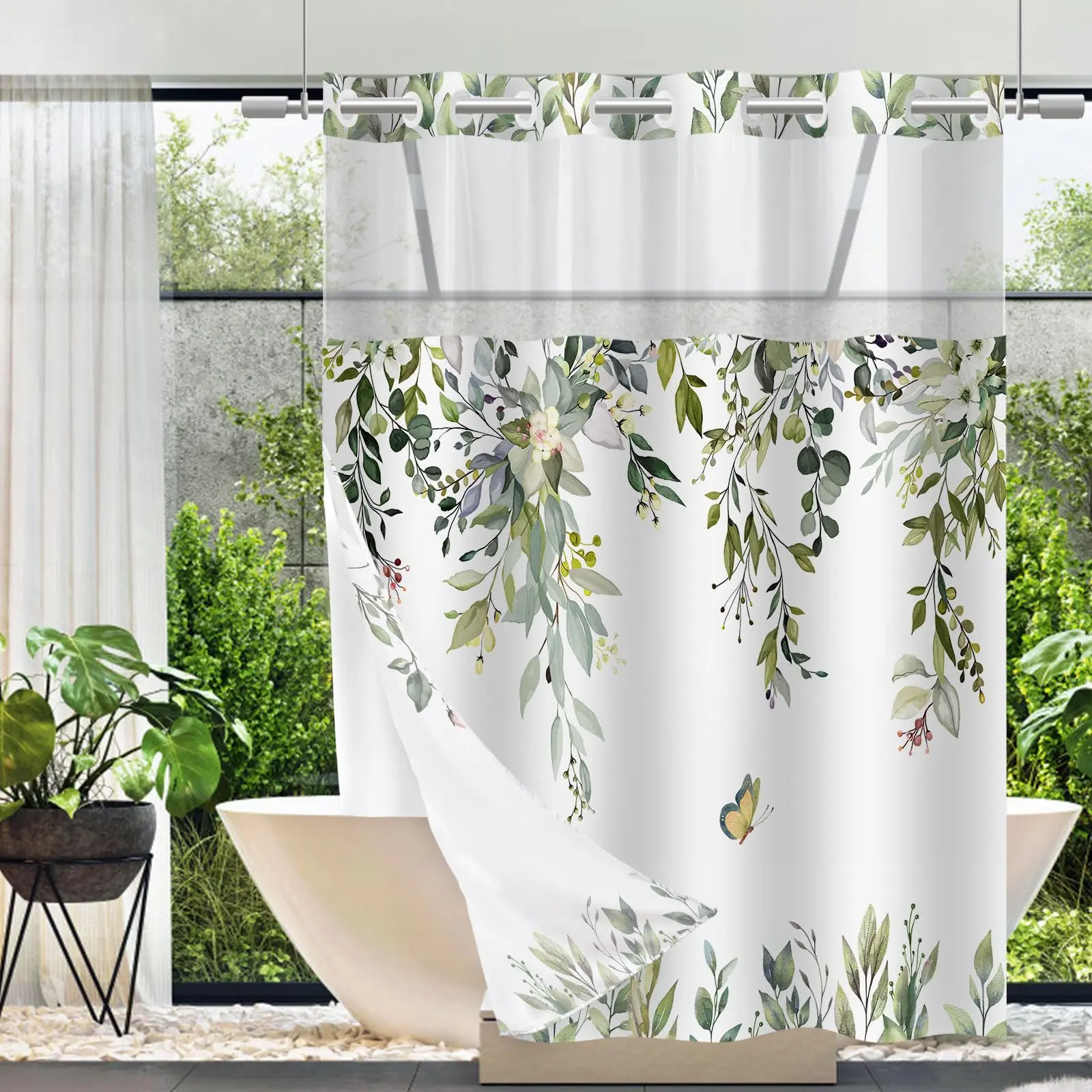No Hook Shower Curtain with Snap in Liner Set, Sage Green Eucalyptus Leaf Butterfly Bath Curtain with Botanical Plant for Bathroom