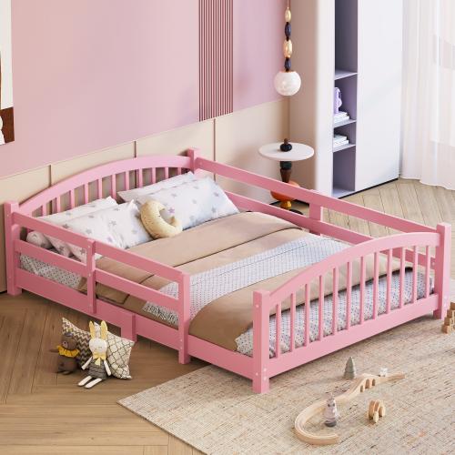 [Bellemave]Twin/Full Montessori Floor Bed with Slats and Safety Guardrails, Solid Wood Floor Bed with Fence and Without Door, Easy Assemble Montessori Bed for Girls and Boys,