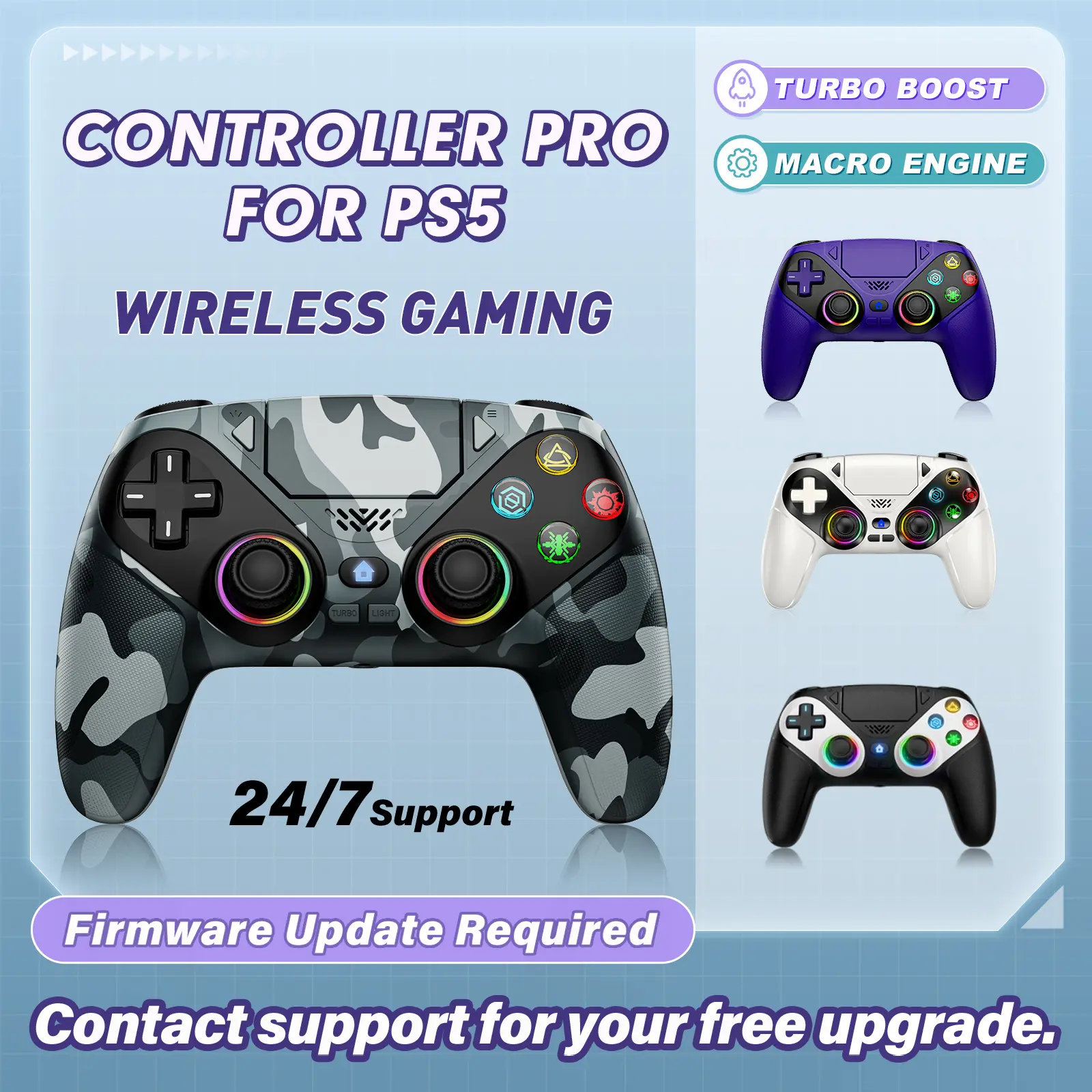 PS5 Wireless Pro Controller with LED RGB Light - TMR Anti-Drift Joystick, 4ms Low Latency, Dual Vibration, Motion Sensing, Programmable Buttons, 600mAh Fast-Charging Battery, Console Accessories