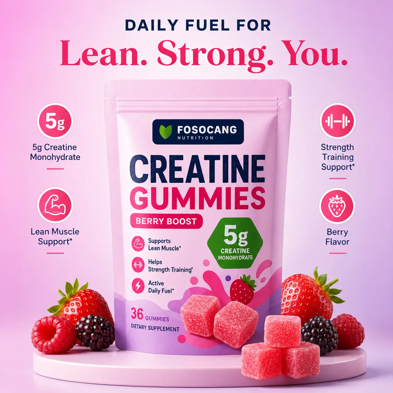 FoSoCang Creatine Gummies for Women - Creatine for Women, Berry Gummies Amino Acids Nutritional Supplements Supporting Energy, Cognitive & Brain Support Amino Acids Nutritional Supplements, Post-Workout Muscle Recovery