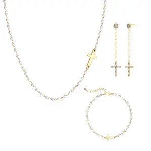 TEWIKY 14K Gold-Plated 3PCS Pearl Side Cross Necklace with Pearl Luster Bracelet and Cubic Zirconia Cross Earrings Set, Easter Valentine's Day Gift, Elegant Design, Suitable for Various Occasions