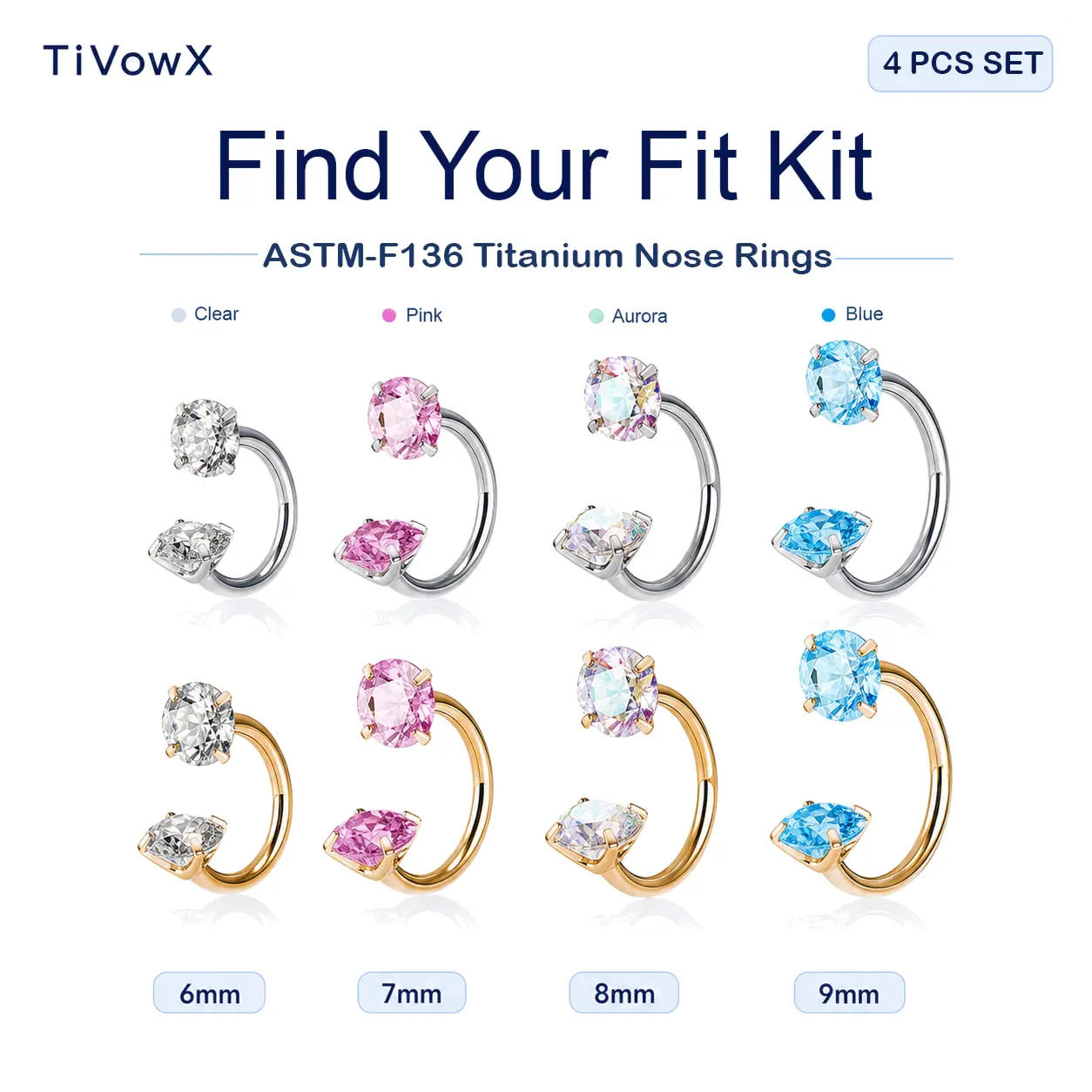 TiVowX Find Your Fit Kit | 4PCS ASTM F136 Titanium Horseshoe Nose Rings | 18G/20G, 6-9mm | Internally Threaded CZ Gems, Tools Included , Body Piercing Jewelry, nose piercings